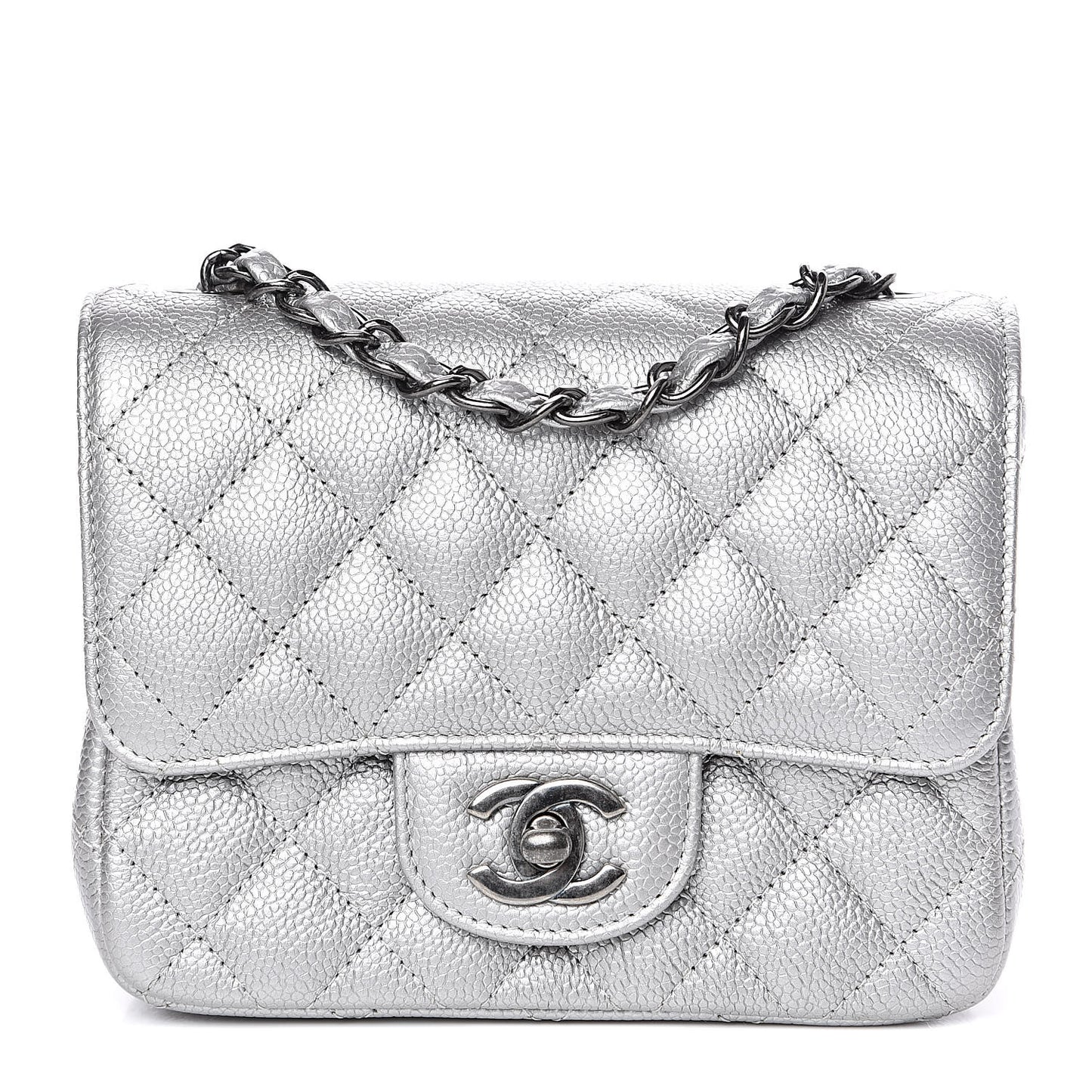 Metallic Caviar Quilted Mini Square Flap Silver