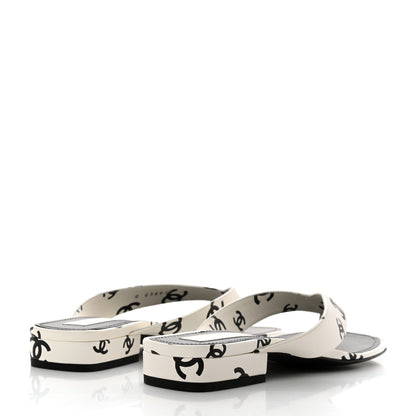 Chanel Lambskin Printed CC Thong Sandals 39.5 White Black 4 of 9