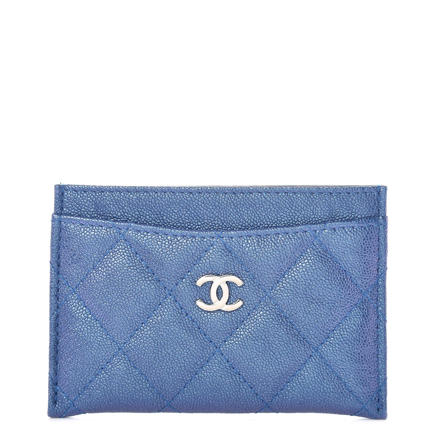 Iridescent Caviar Quilted Card Holder Blue Fonce