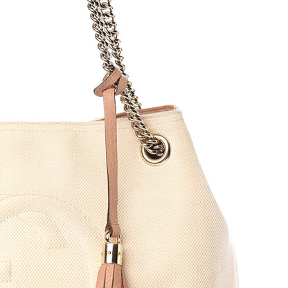 Gucci Linen Canvas Pebbled Calfskin Medium Soho Chain Shoulder Bag White Camelia 14 of 14