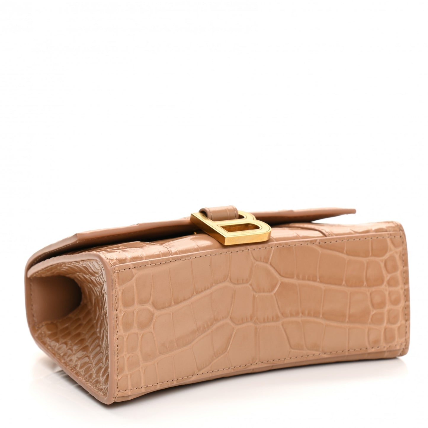 Shiny Calfskin Crocodile Embossed Hourglass Top Handle Bag XS Nude Beige
