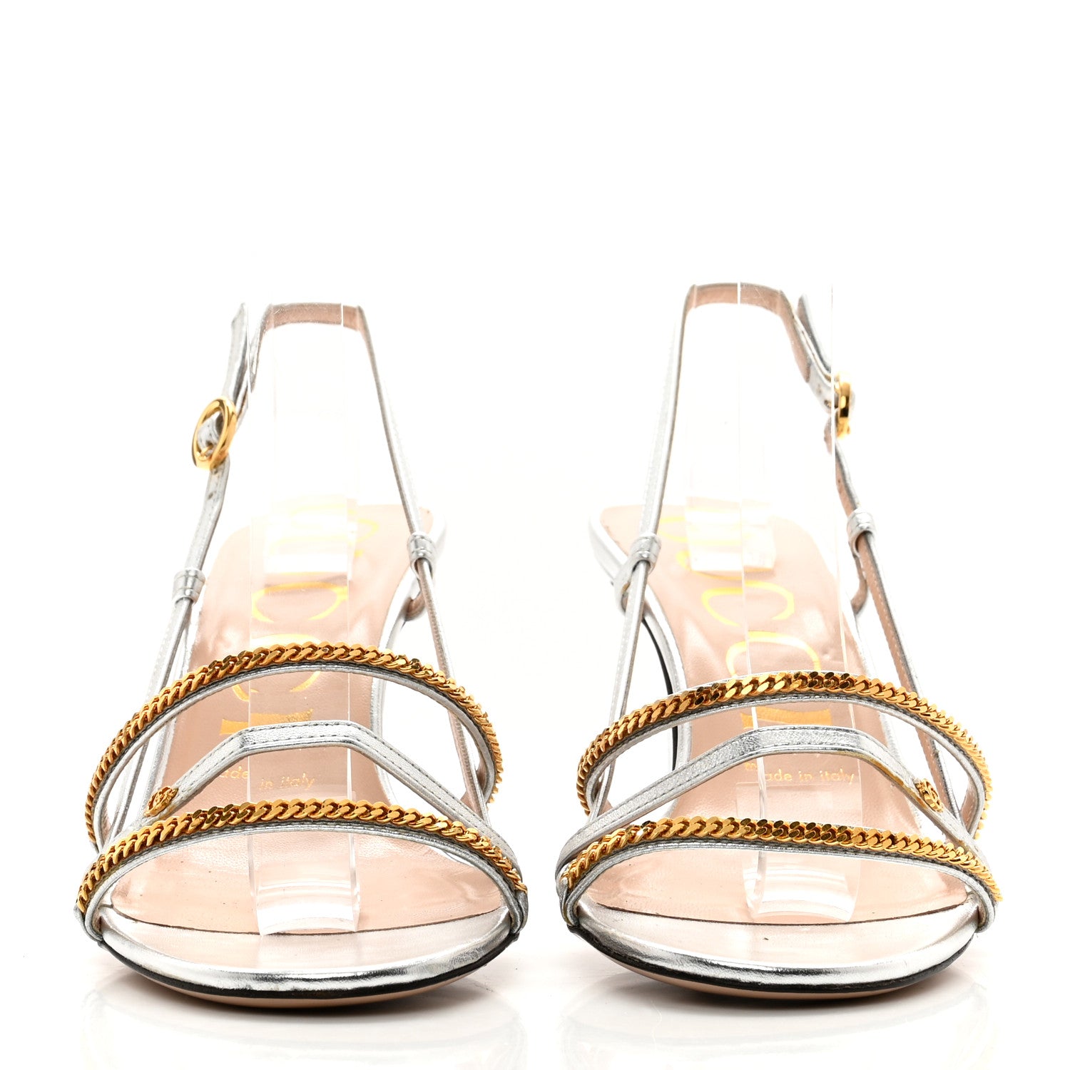 Gucci Metallic Nappa Chain Sandals 37.5 Silver 2 of 7