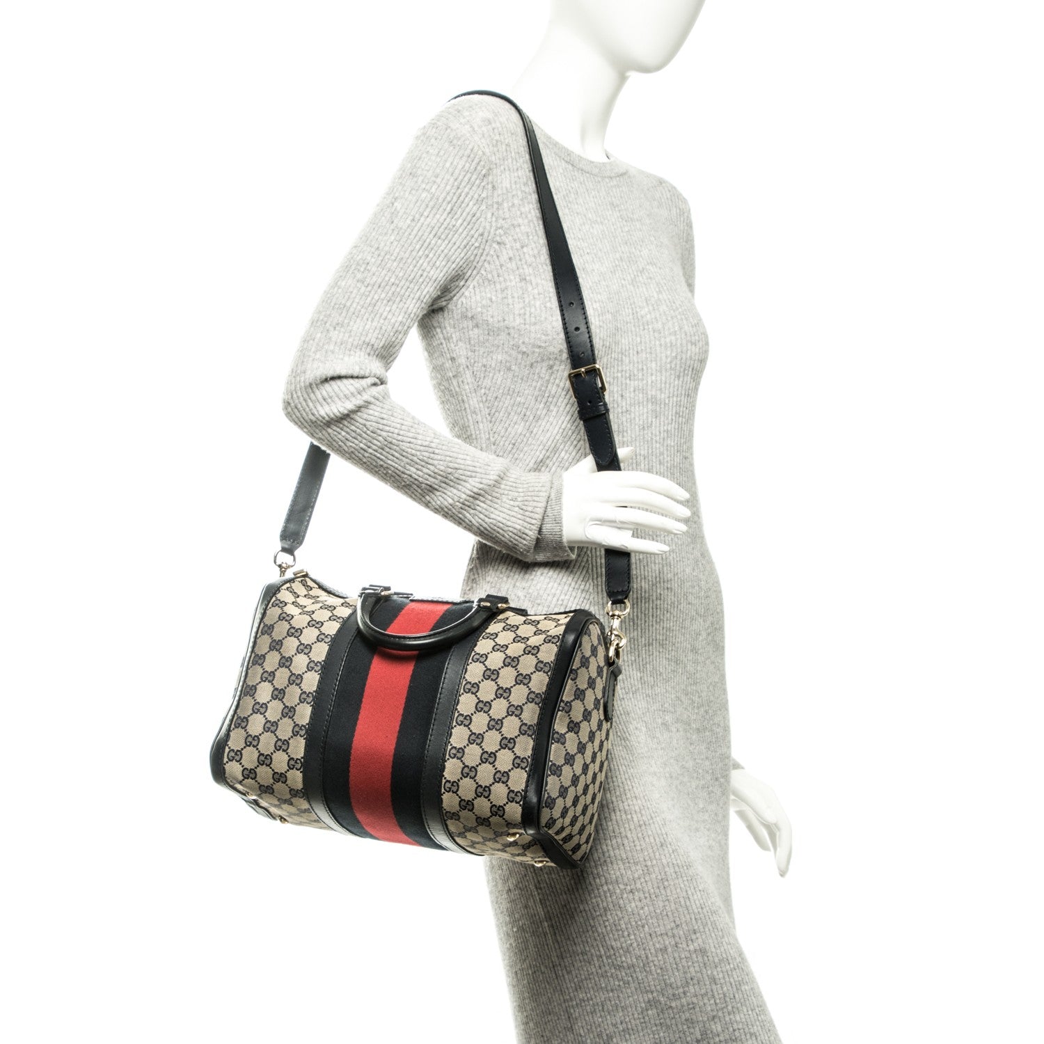 Gucci Monogram Selleria Calfskin Vintage Web Medium Boston Beige Blue 2 of 9