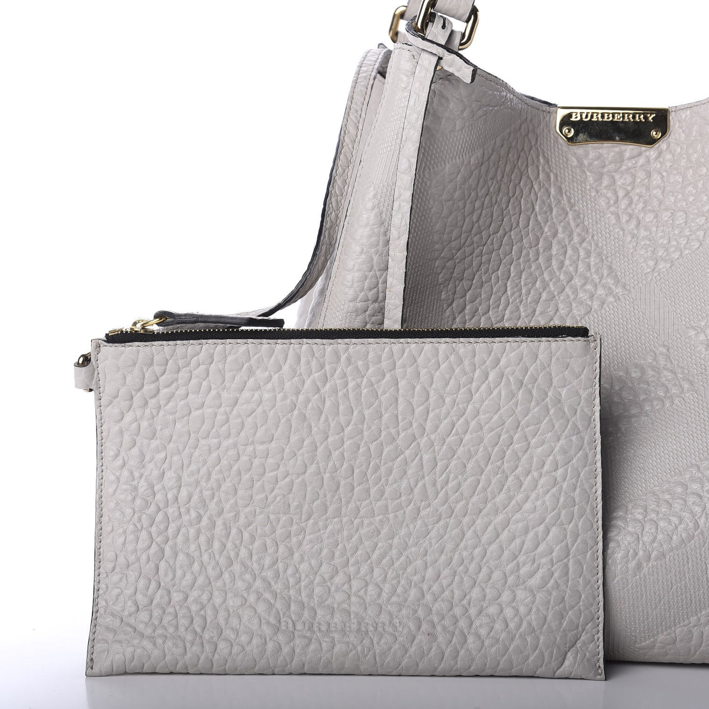 Signature Grain Calfskin Check Embossed Small Canterbury Tote Stone White
