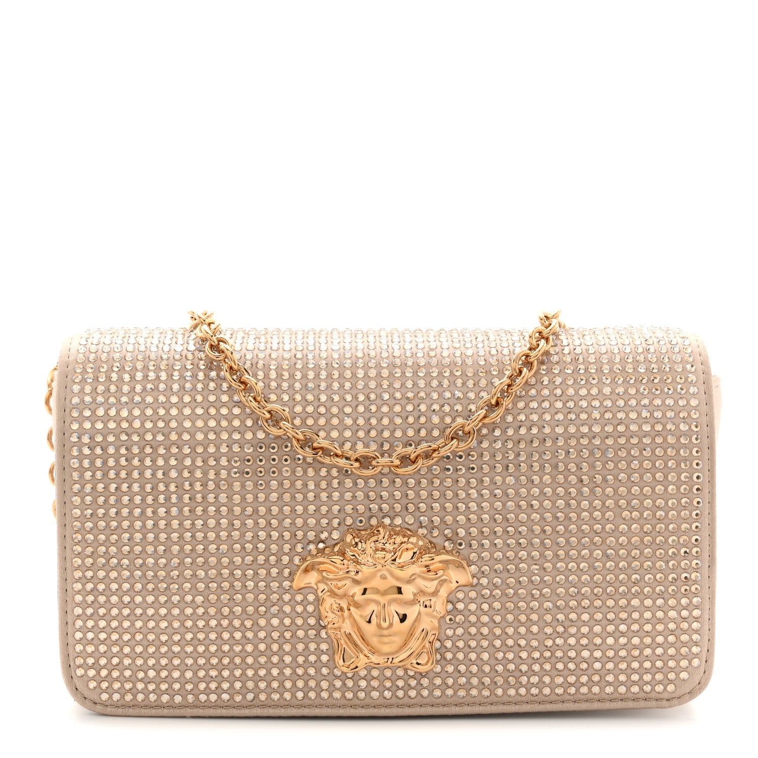 Versace Satin Crystal Medusa Chain Clutch Beige 1 of 10