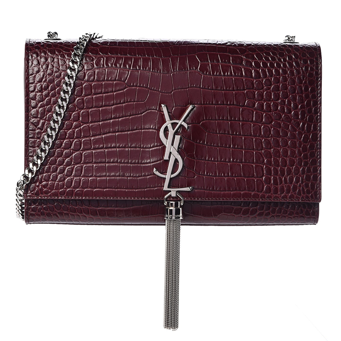 Calfskin Crocodile Embossed Medium Classic Monogram Kate Tassel Satchel Dark Red