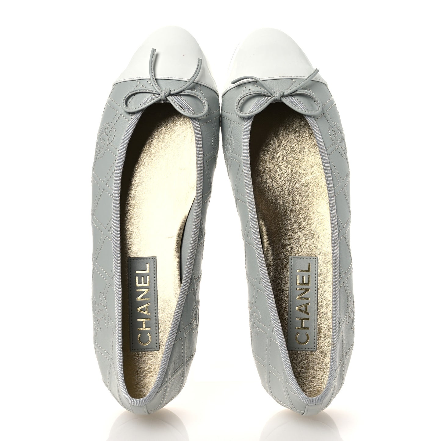 Lambskin Patent Double Stitched CC Cap Toe Ballerina Flats 40.5 Light Blue White