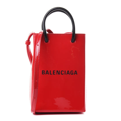 Balenciaga Patent Calfskin Logo Shopping Phone Holder Bag Bright Red 1 of 4