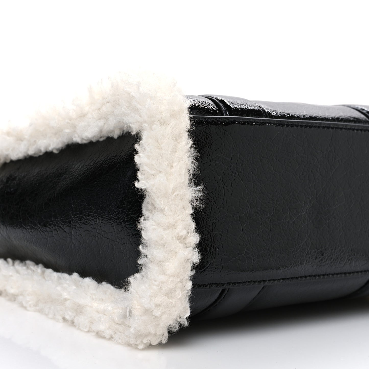 Shiny Calfskin Faux Shearling Mini The Traveler Tote Bag Black