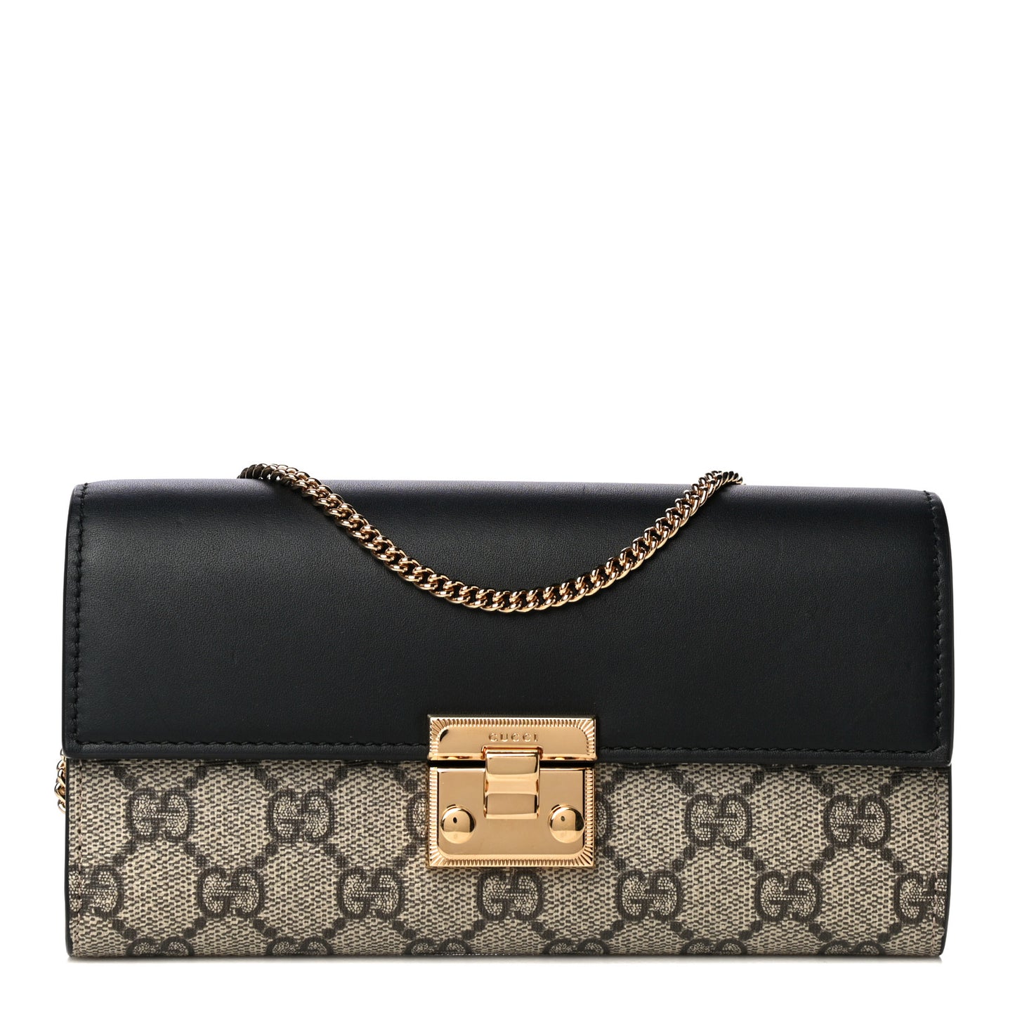 GG Supreme Monogram Moon Calfskin Padlock Continental Chain Wallet Beige Ebony Black