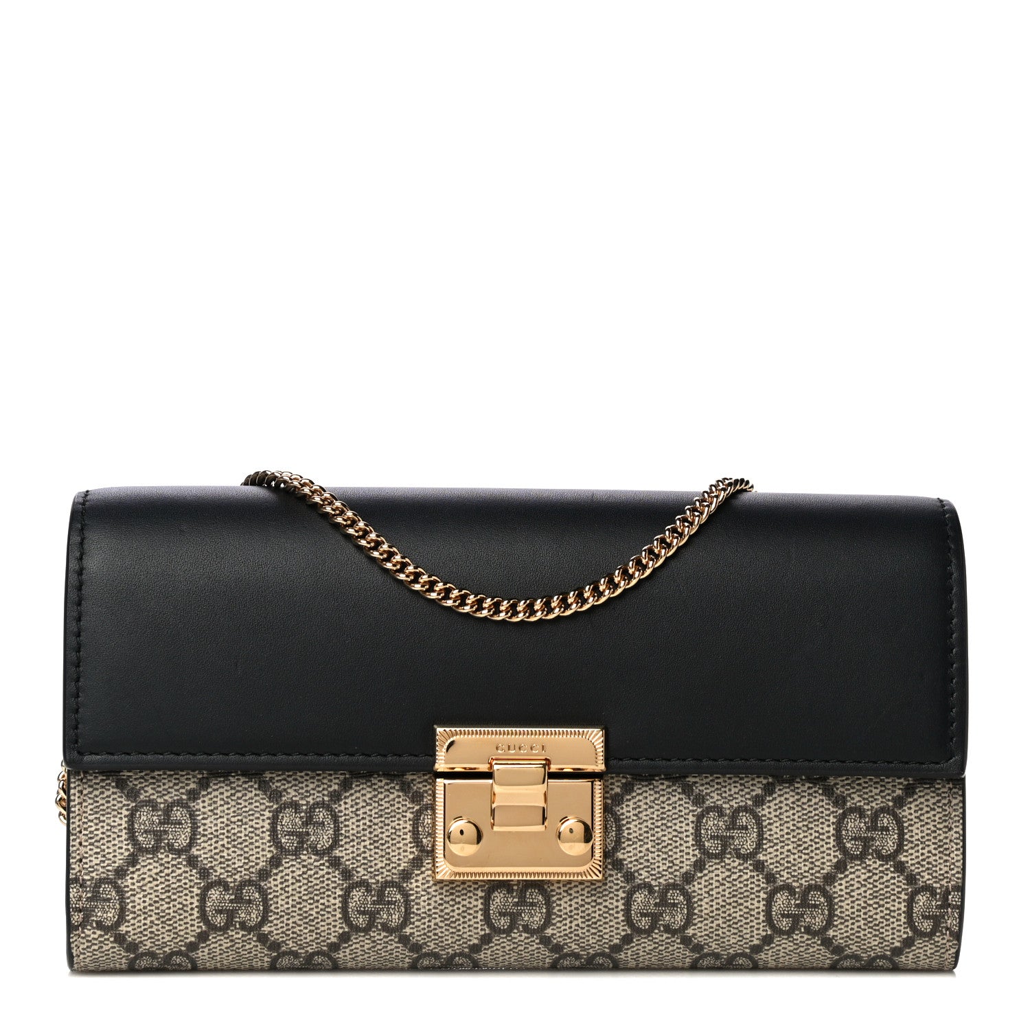 Gucci GG Supreme Monogram Moon Calfskin Padlock Continental Chain Wallet Beige Ebony Black 1 of 14