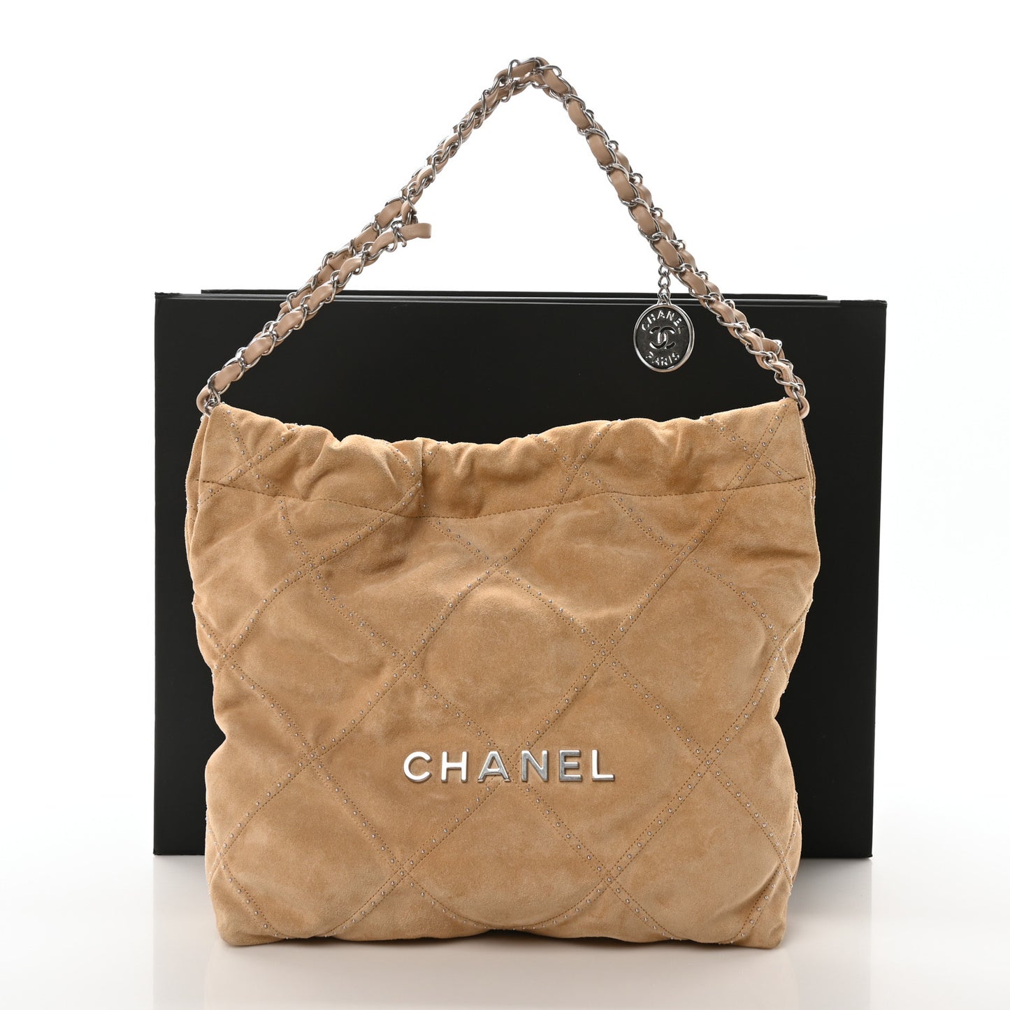 Suede Quilted Studded Small Chanel 22 Beige