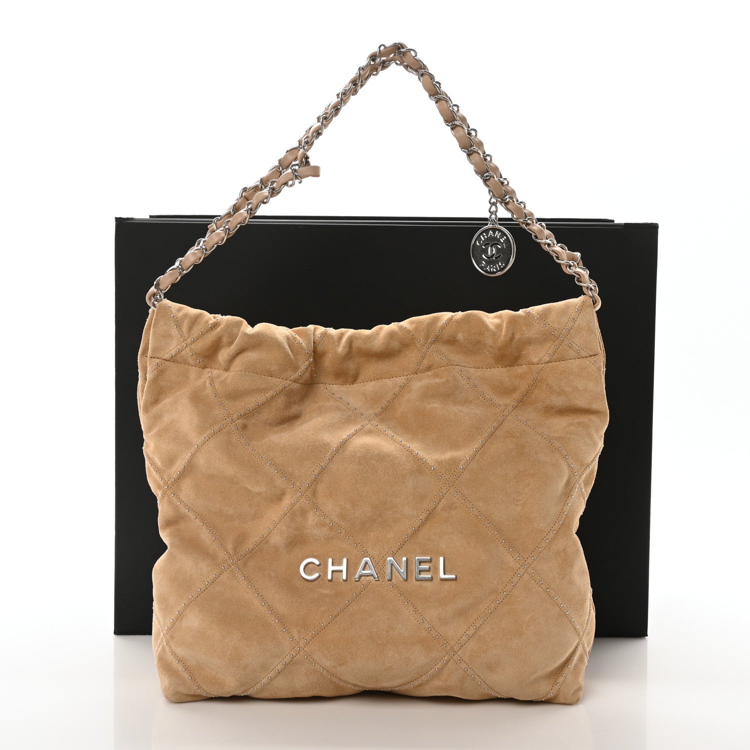 Chanel Suede Quilted Studded Small Chanel 22 Beige 12 of 13