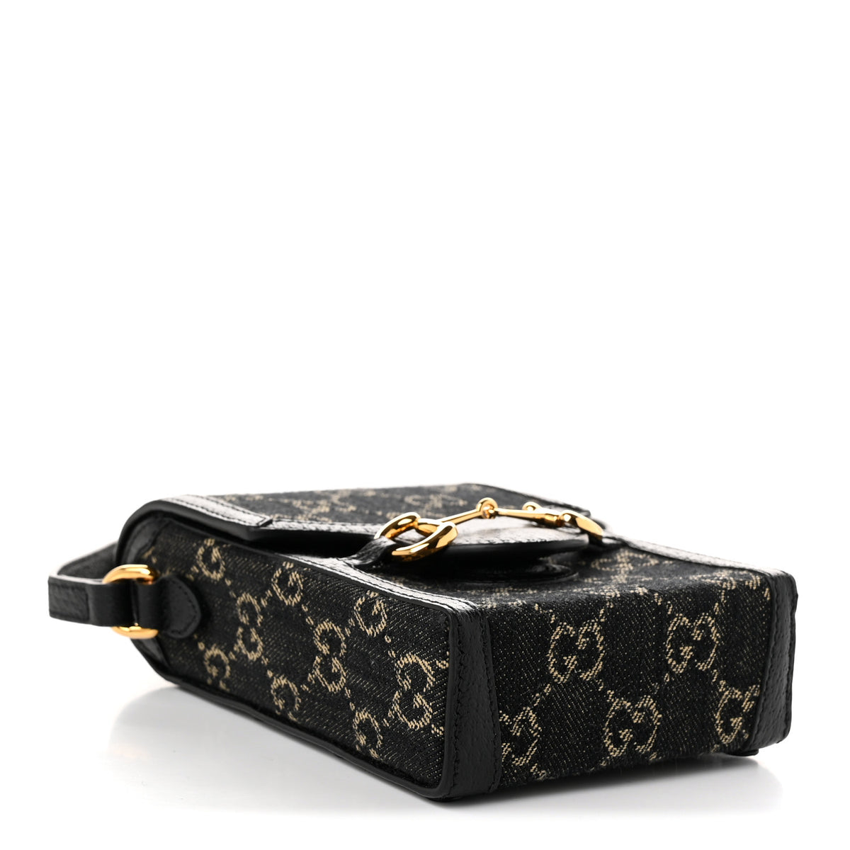 Gucci Jacquard Black Denim GG Monogram Textured Dollar Calfskin Mini Horsebit 1955 Crossbody Bag Black Ivory 4 of 10