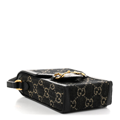 Gucci Jacquard Black Denim GG Monogram Textured Dollar Calfskin Mini Horsebit 1955 Crossbody Bag Black Ivory 4 of 10