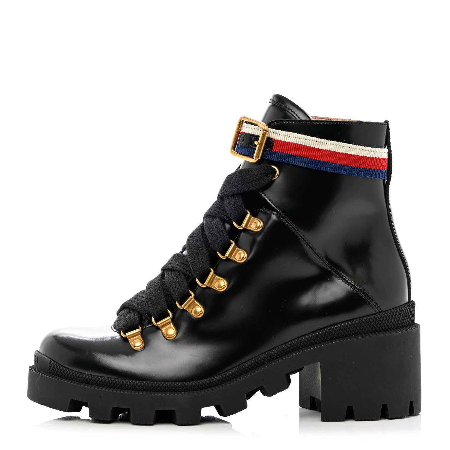 Gucci Calfskin Sylvie Web Womens Lace Up Combat Boots 37.5 Black 1 of 12