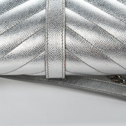 Saint Laurent Metallic Grain De Poudre Matelasse Chevron Medium Monogram Satchel Silver 16 of 17