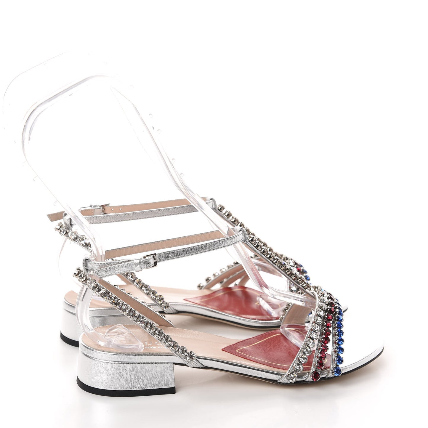 Nappa Silk Crystal Bertie T-Strap Low Heel Sandals 35 Argento
