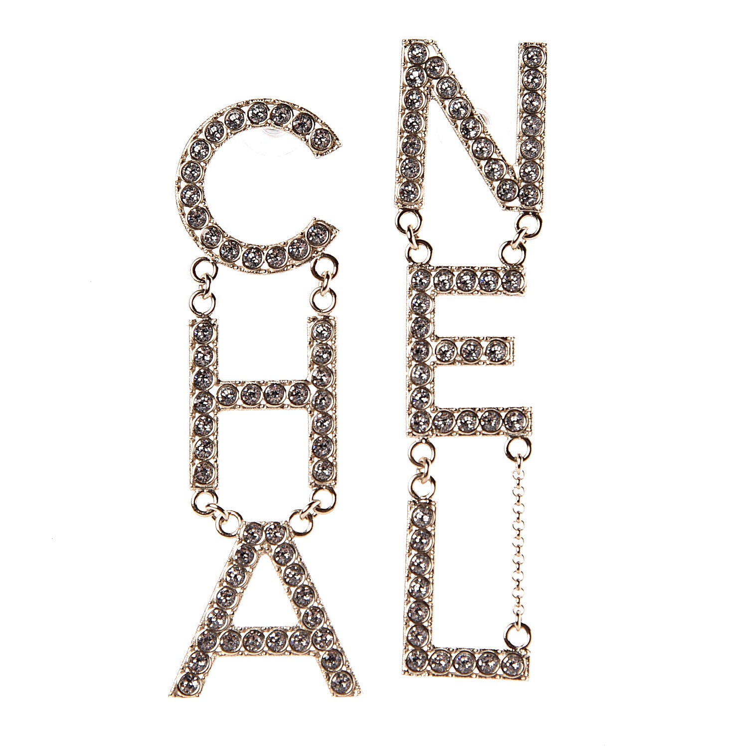 Chanel Crystal Cha-Nel Logo Drop Earrings Gold 1 of 5