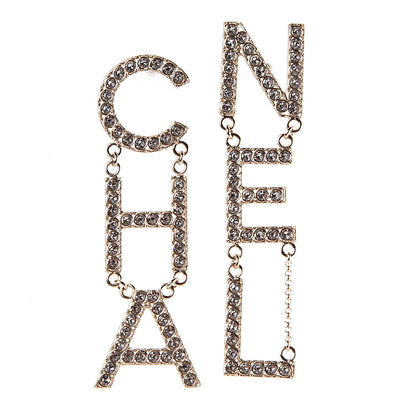 Chanel Crystal Cha-Nel Logo Drop Earrings Gold 1 of 5
