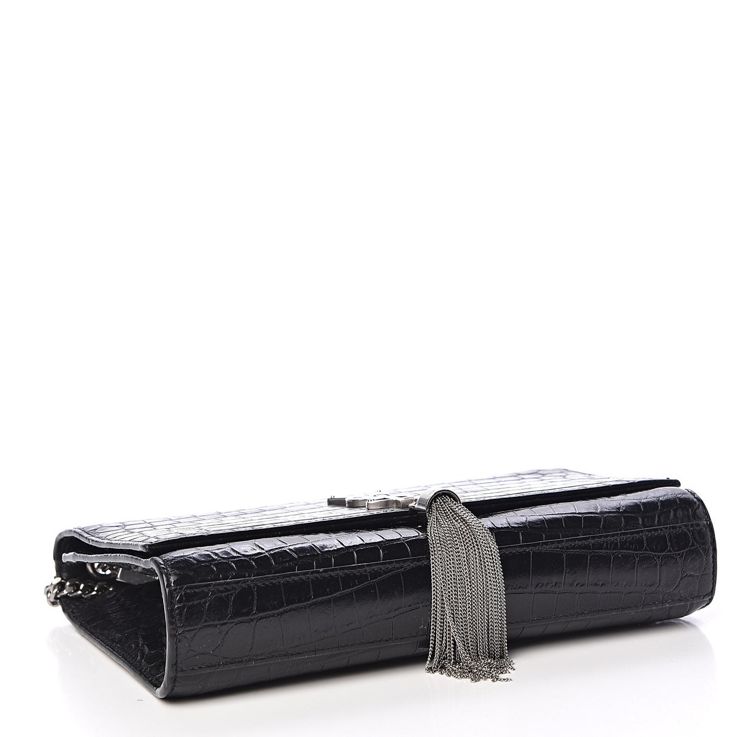 Calfskin Crocodile Embossed Medium Classic Monogram Kate Tassel Satchel Black