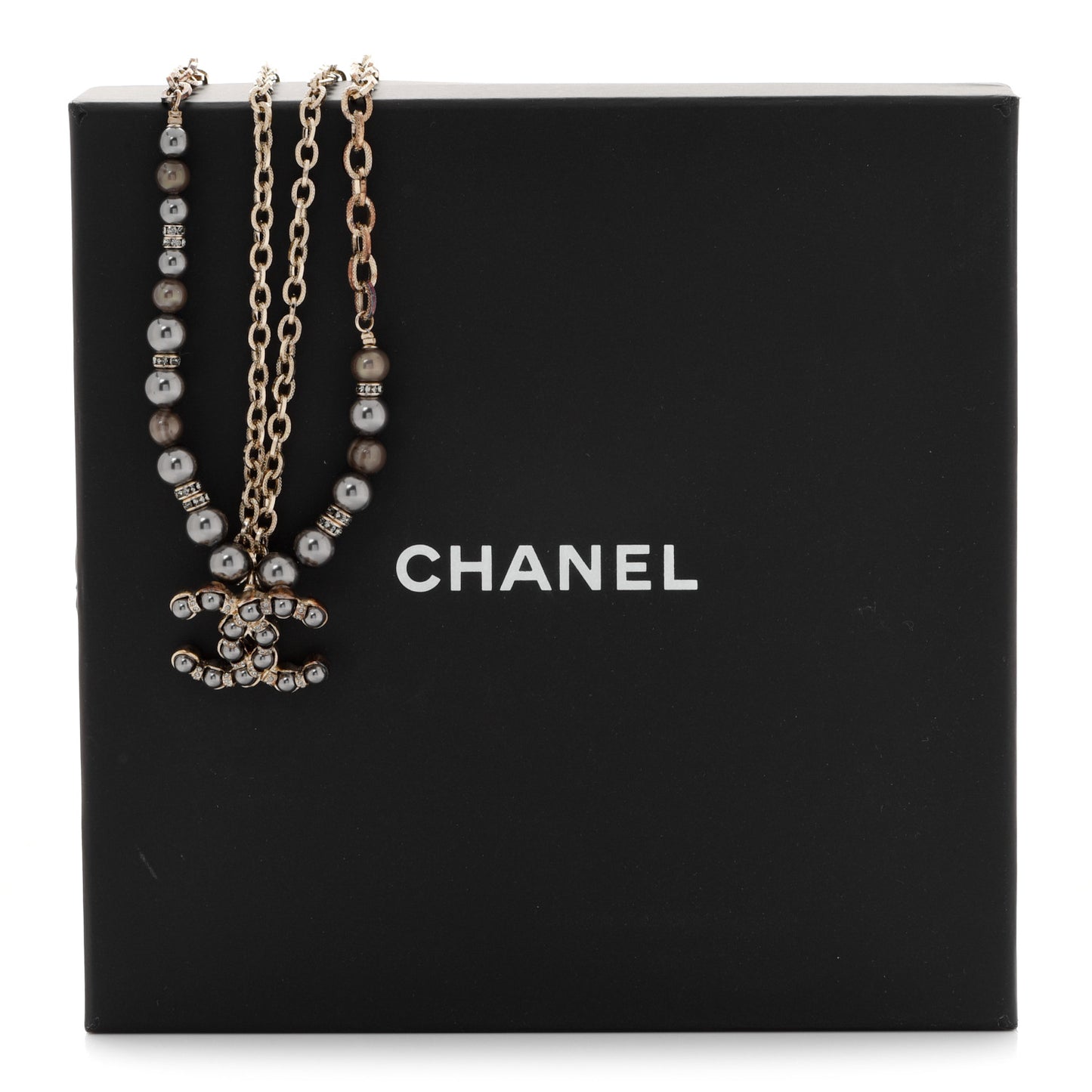 Crystal Pearl Nefertiti CC Double Chain Pendant Necklace Gold Dark Grey