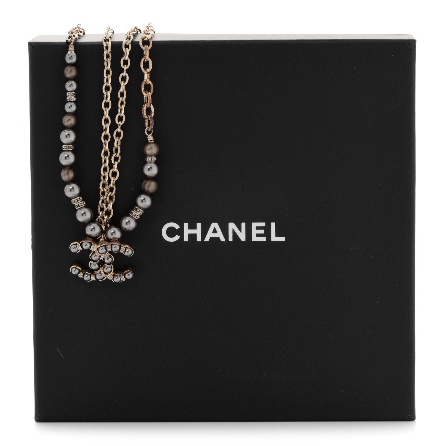 Chanel Crystal Pearl Nefertiti CC Double Chain Pendant Necklace Gold Dark Grey 6 of 6