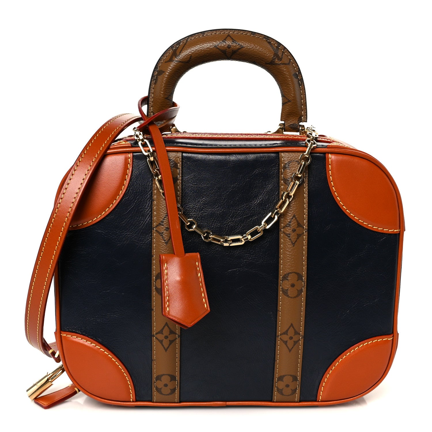 Louis Vuitton Calfskin Reverse Monogram Valisette PM Navy Caramel 1 of 11