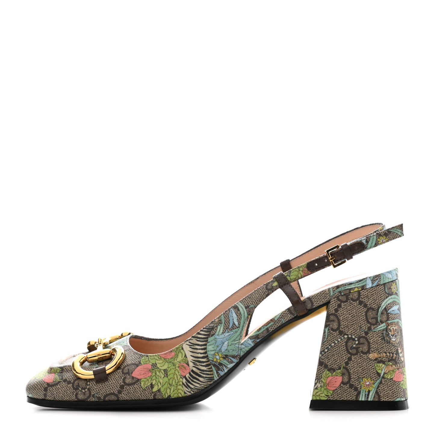 GG Supreme Monogram Tiger Savanah Horsebit 75mm Slingback Pumps 37 Beige Ebony Multicolor