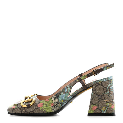 Gucci GG Supreme Monogram Tiger Savanah Horsebit 75mm Slingback Pumps 37 Beige Ebony Multicolor 1 of 7