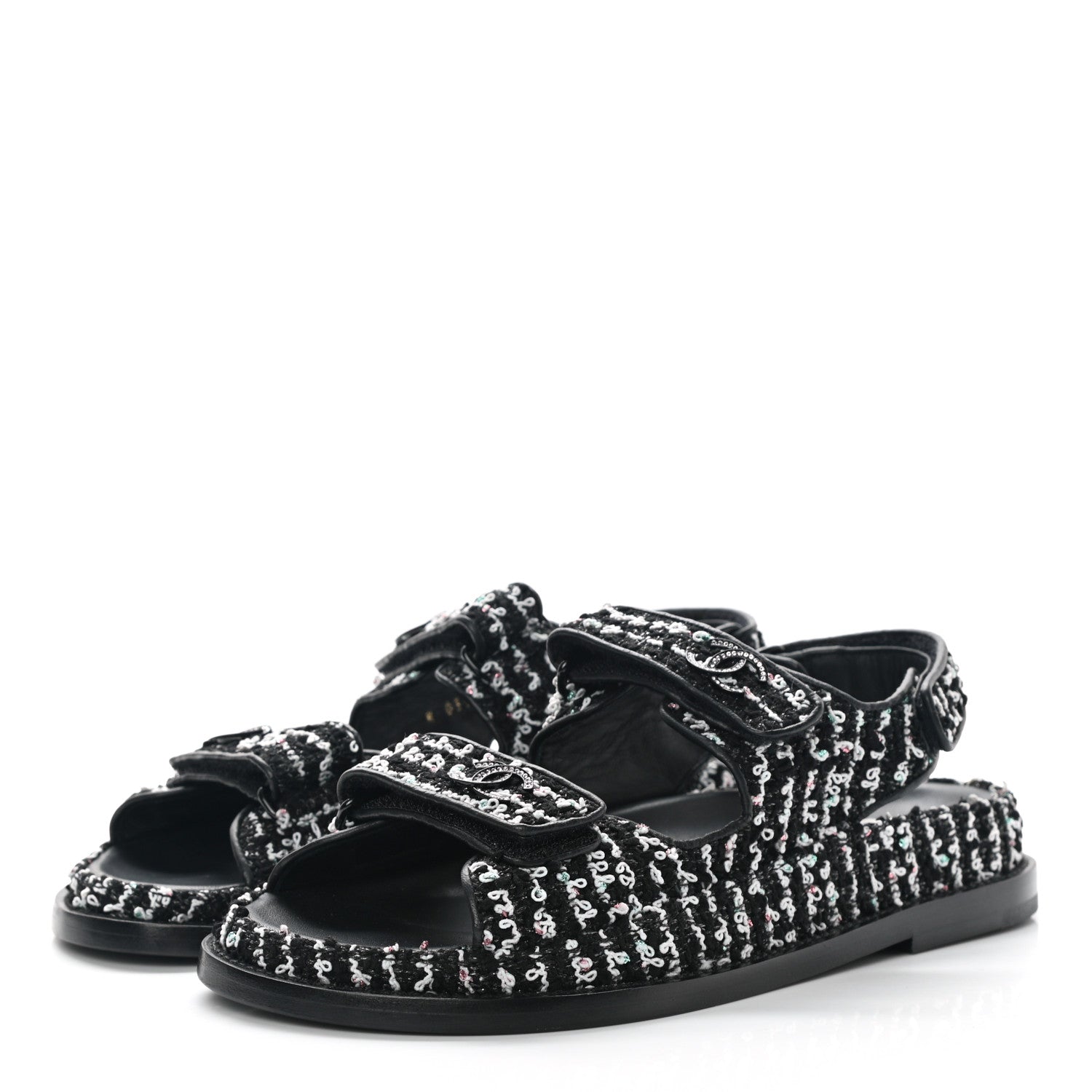 Chanel Tweed Velcro Dad Sandals 36.5 Black White 3 of 9