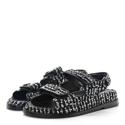 Chanel Tweed Velcro Dad Sandals 36.5 Black White 3 of 9