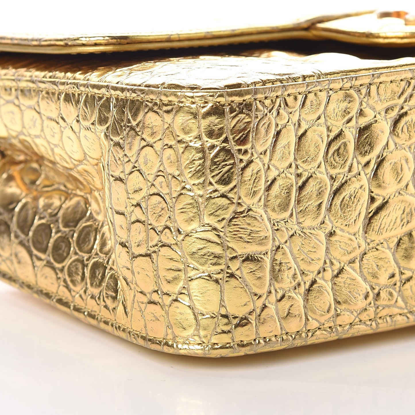 Metallic Calfskin Crocodile Embossed Mini Flap Gold