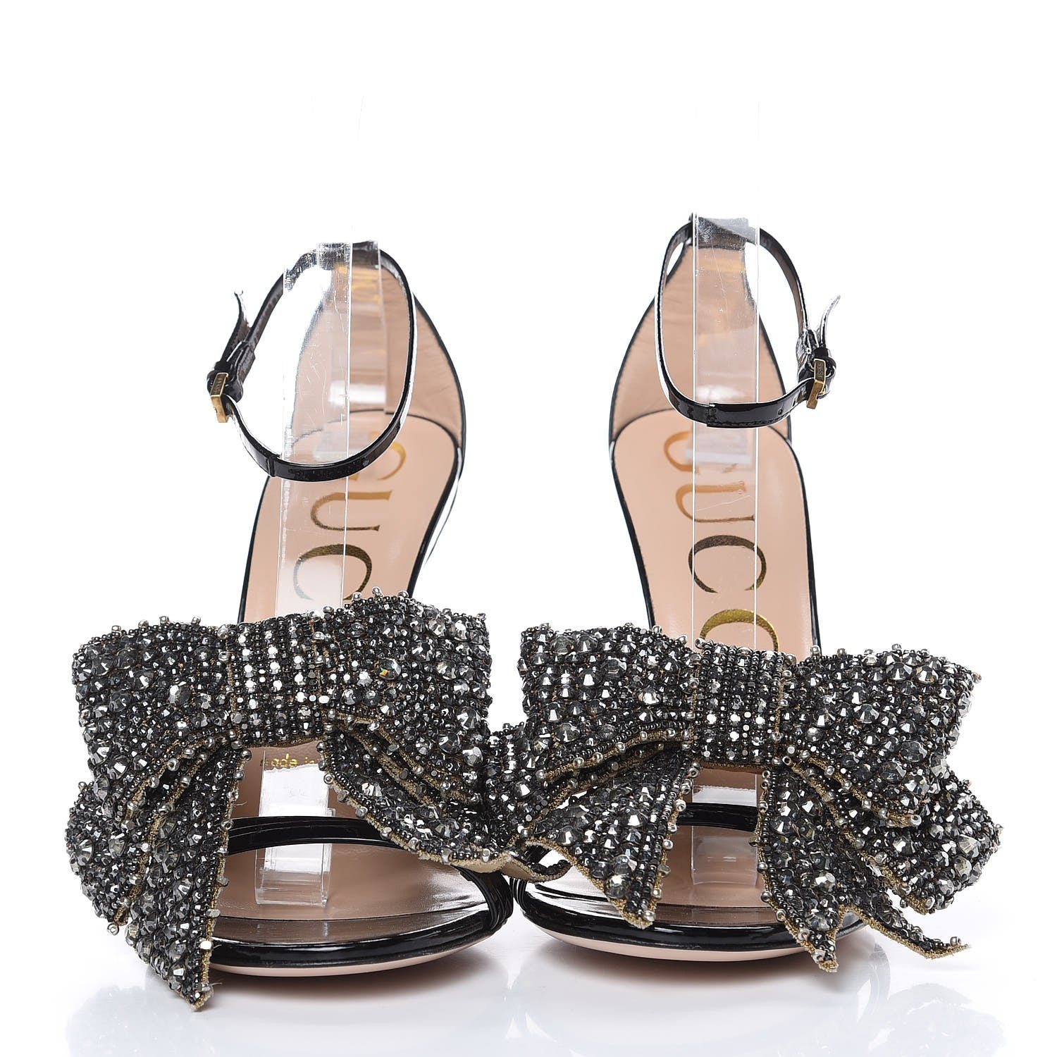 Gucci Patent Crystal Removable Bow Sandals 37 Black 433569