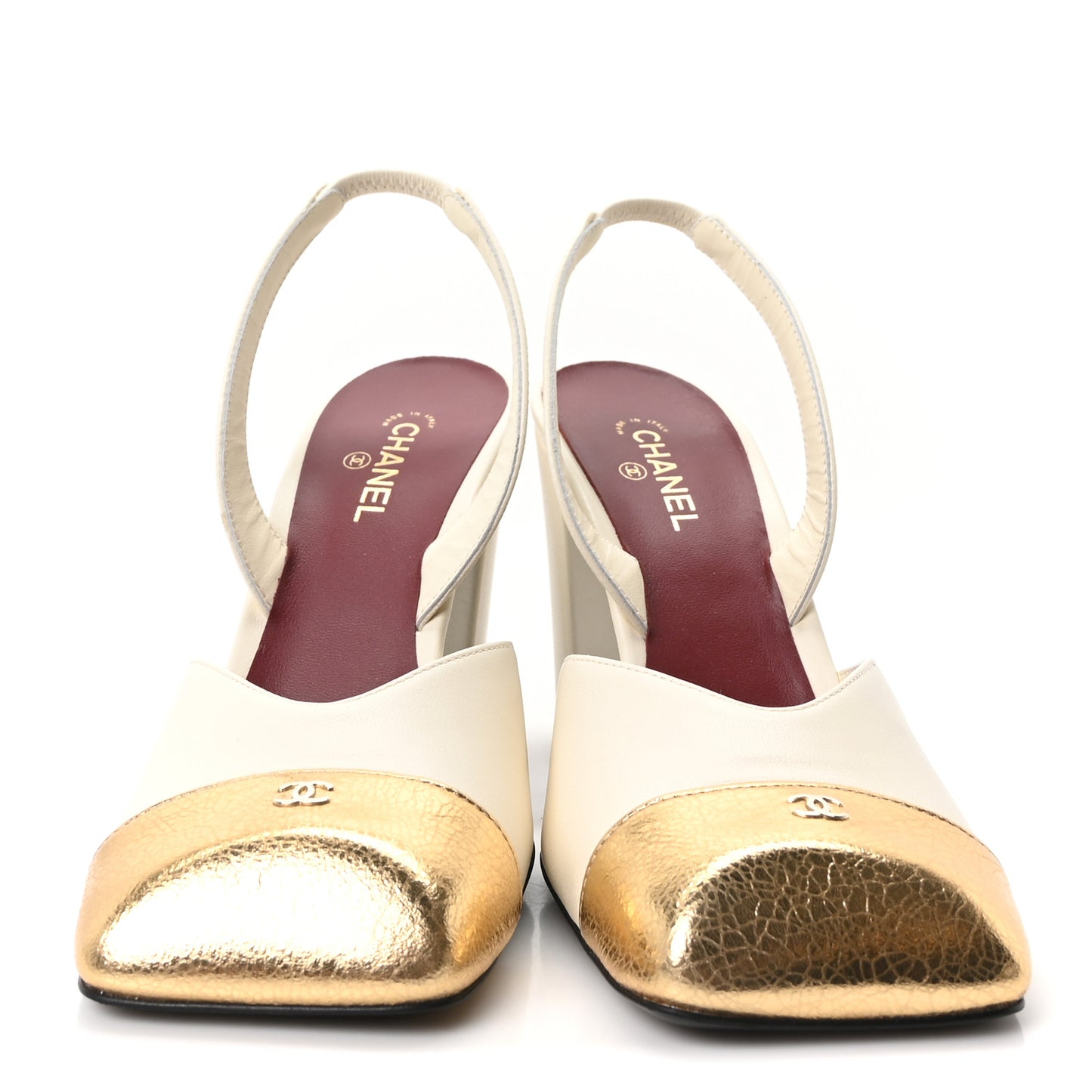 Lambskin Metallic Crackled Calfskin Square Cap Toe CC Slingback Pumps 38 Ivory Gold