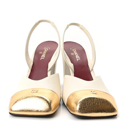 Chanel Lambskin Metallic Crackled Calfskin Square Cap Toe CC Slingback Pumps 38 Ivory Gold 3 of 10