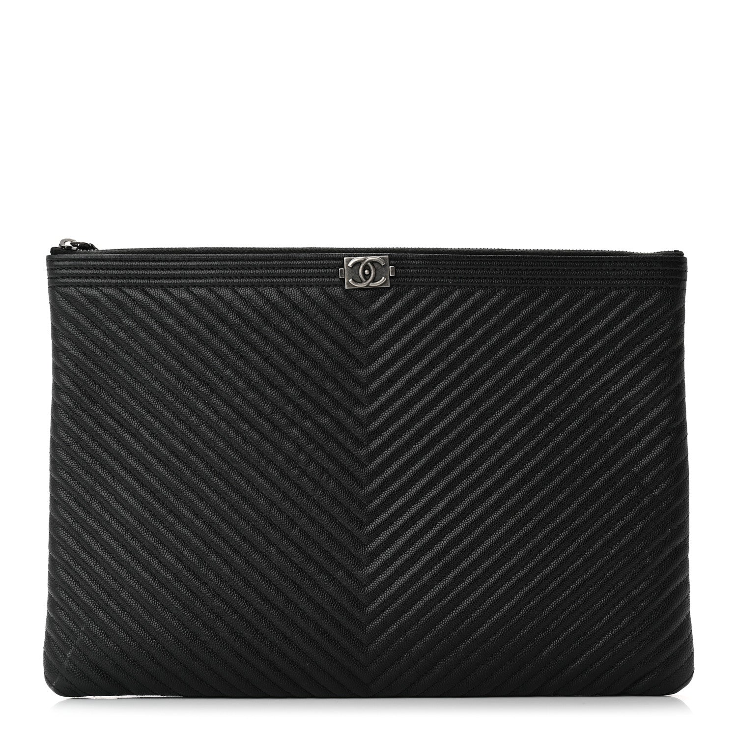 Chanel Caviar Chevron Quilted Medium Boy Zip Pouch Black 1 of 12