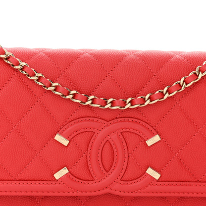 Chanel Caviar Quilted CC Filigree Wallet On Chain WOC Red 9 of 11