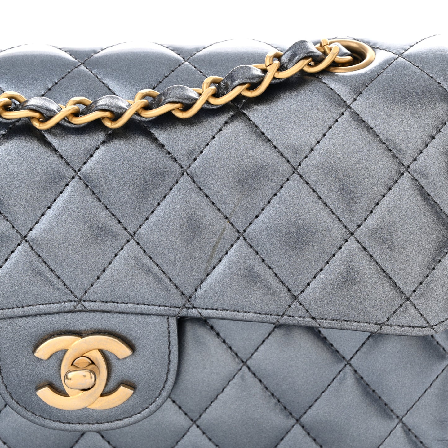 Metallic Lambskin Quilted Small Double Flap Blue