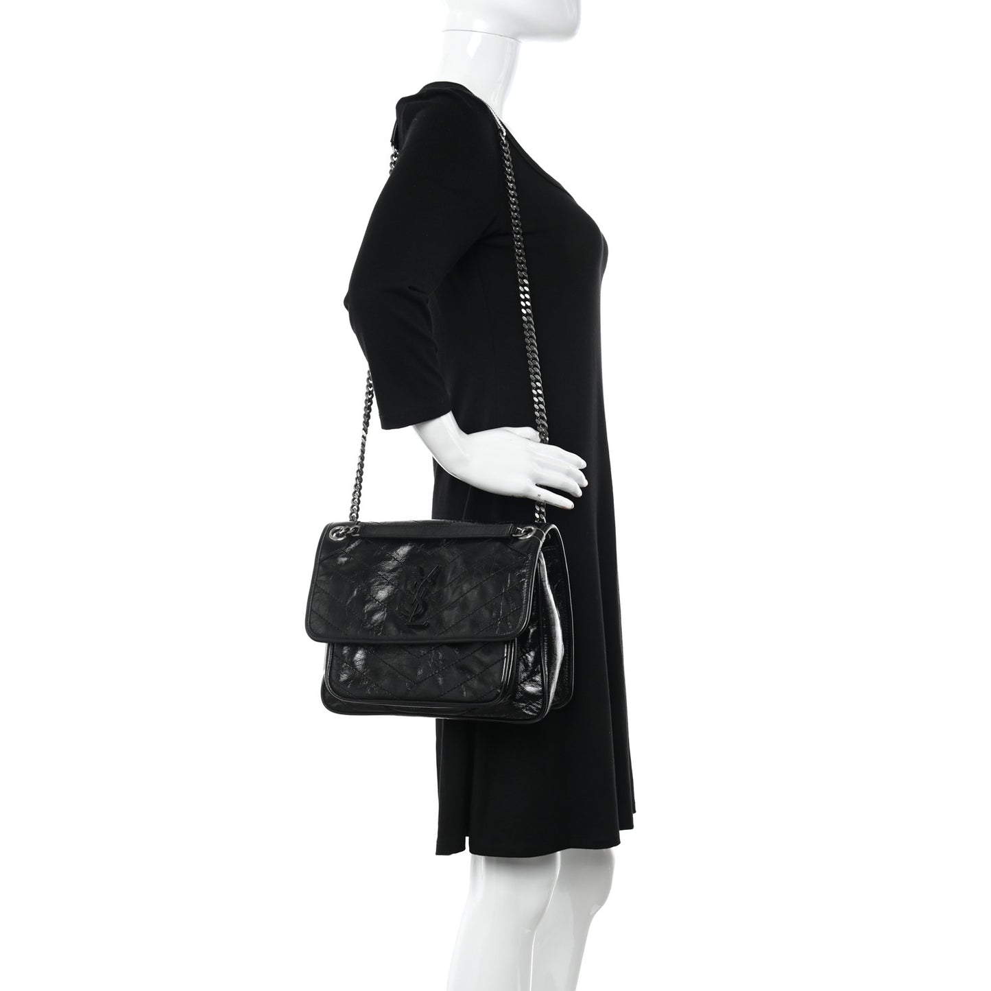Crinkled Calfskin Matelasse Monogram Medium Niki Chain Satchel Black