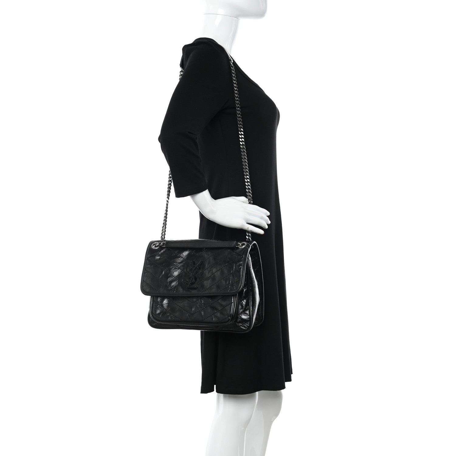 Saint Laurent Crinkled Calfskin Matelasse Monogram Medium Niki Chain Satchel Black 3 of 11