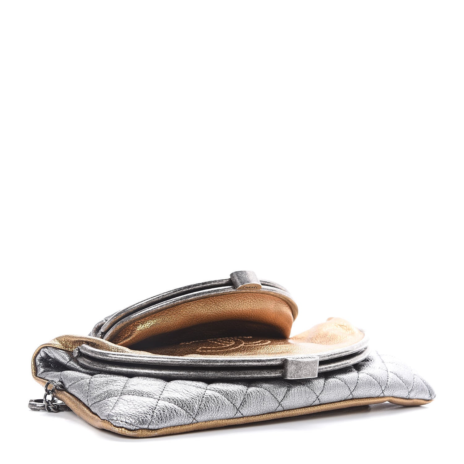 Chanel Metallic Goatskin Quilted Frame Clasp Flap Clutch Silver Gold 4 of 8