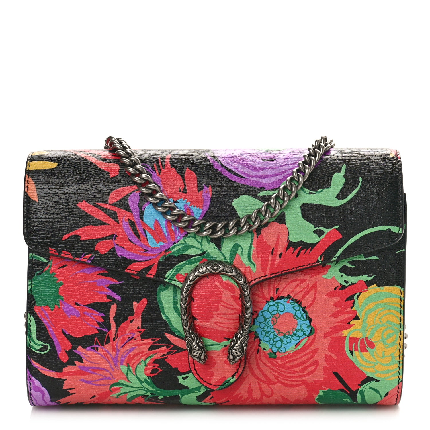Gucci X KEN SCOTT New Shangai Calfskin Jenny Floral Print Mini Dionysus Chain Wallet Black Pink 1 of 8