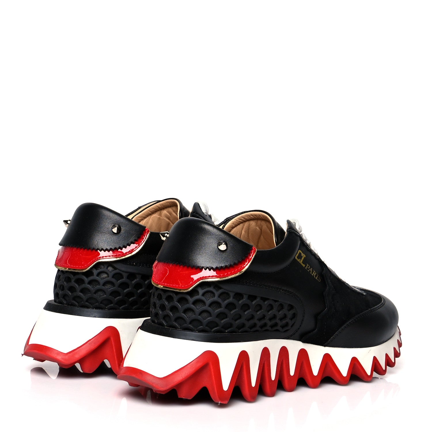 Christian Louboutin Calfskin Suede Patent Womens Loubishark Sneakers 35 Black Loubi Red 4 of 8