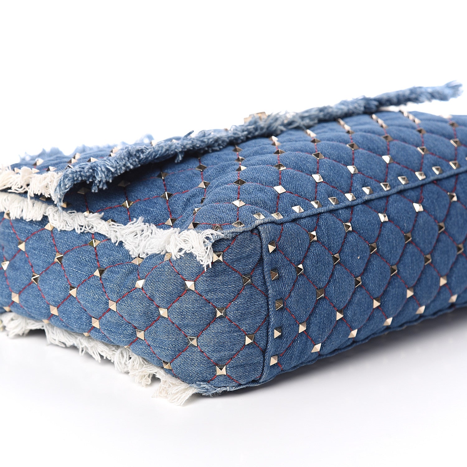 Valentino Garavani Denim Fringe Maxi Rockstud Spike Shoulder Bag Blue 7 of 8