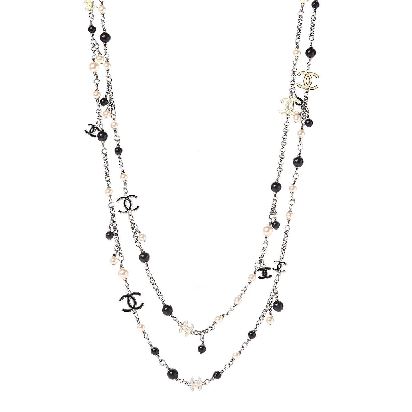 Pearl Bead Enamel CC Long Necklace Black Silver