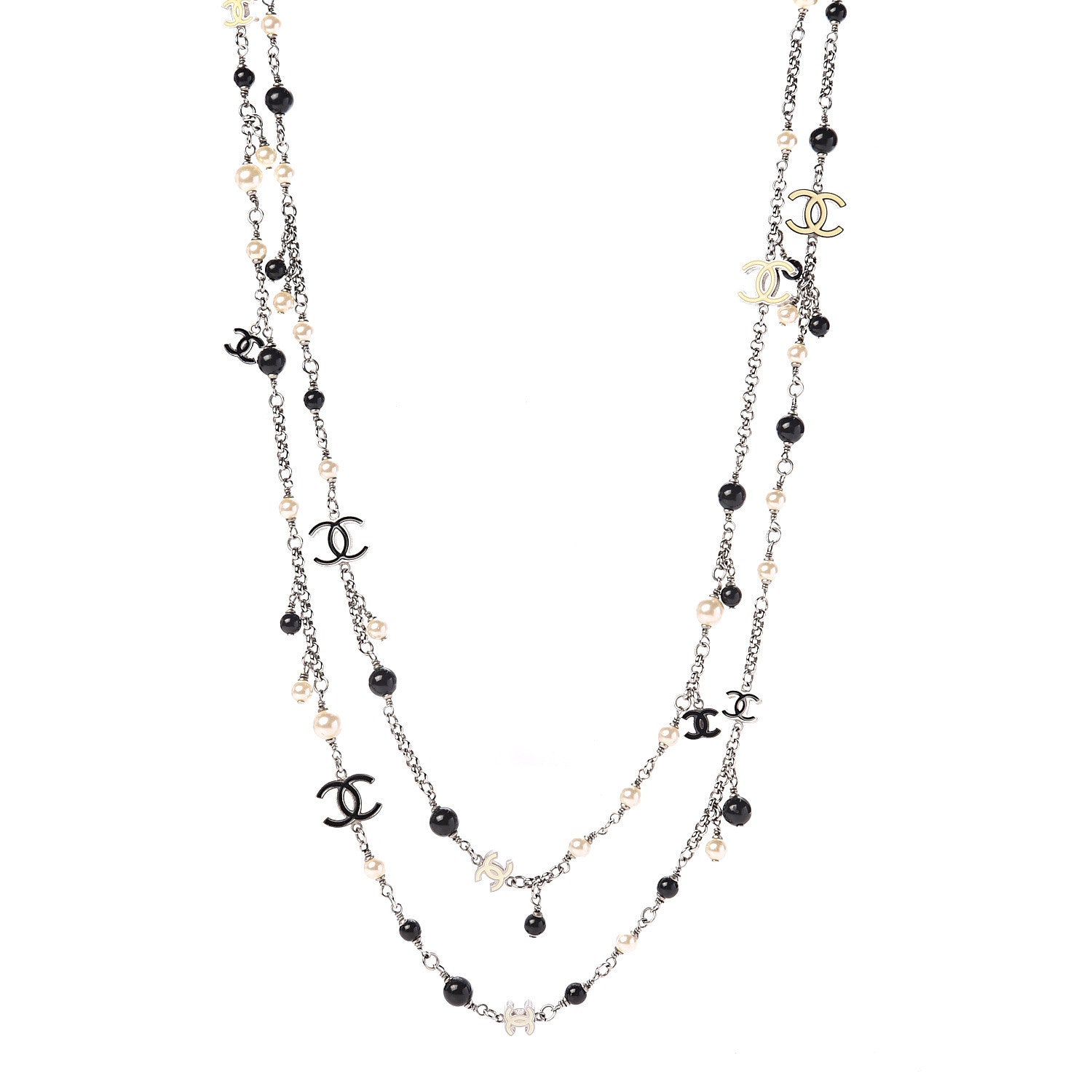 Chanel Pearl Bead Enamel CC Long Necklace Black Silver 1 of 4