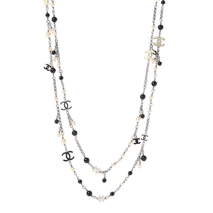 Chanel Pearl Bead Enamel CC Long Necklace Black Silver 1 of 4