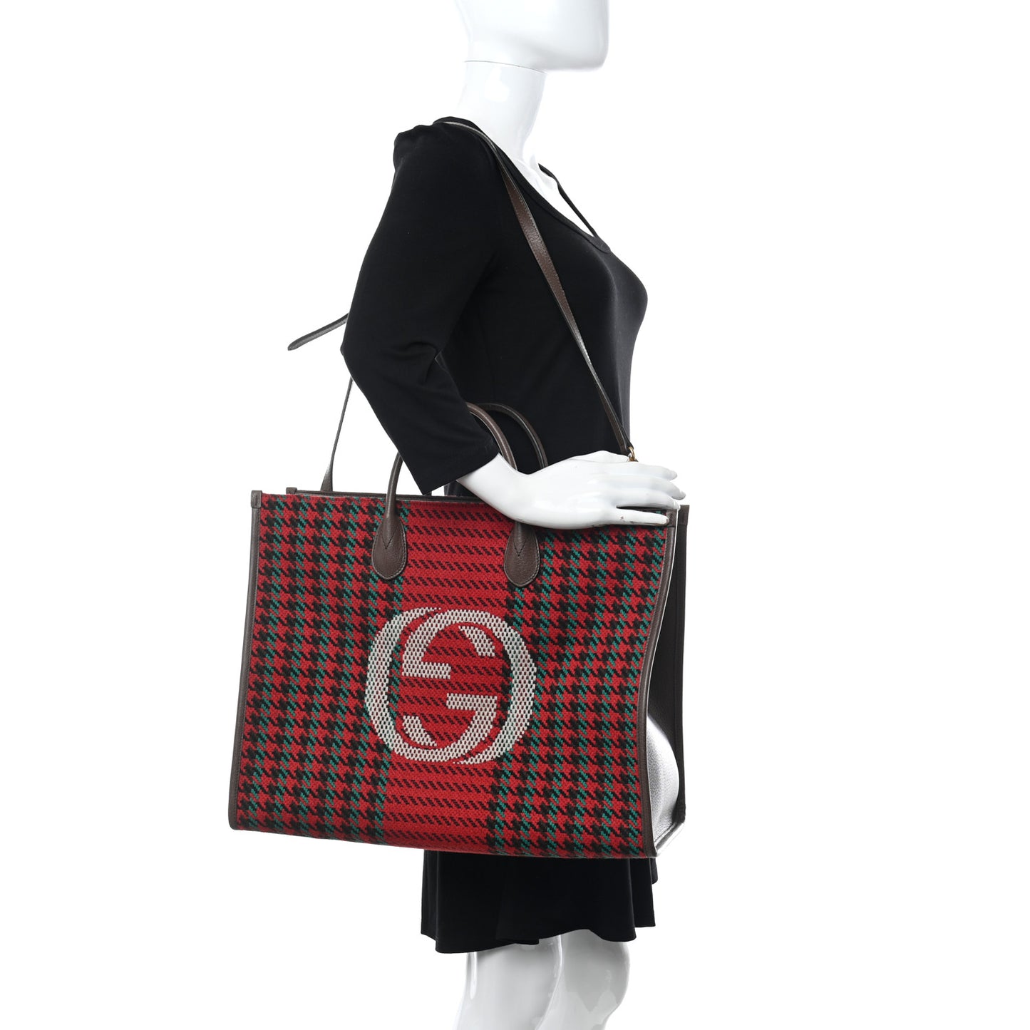 Cotton Wool Textured Calfskin Houndstooth Woven Large Interlocking G Tote Red Green Ivory Multicolor New Acero