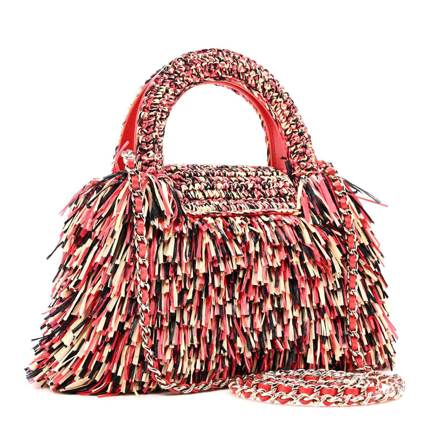 Chanel Raffia Fringe Nano Kelly Shopper Red Beige Black 3 of 10
